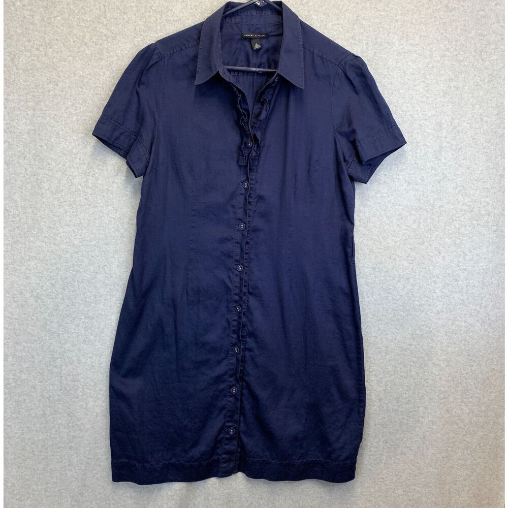 Banana Republic Dress Womens 14 Navy Blue Amelia Ruffle Button Up Short Sleeve